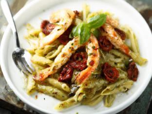 Pesto Penne Pasta with Sun-Dried Tomatoes and Grilled Shrimp Pesto Penne Pasta with Sun-Dried Tomatoes and Grilled Shrimp