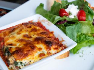 Spinach Lasagna with Marinara Sauce with Greek Salad and French Bread