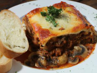Beef Lasagna with Meat Sauce with Sautéed Mushrooms and French Bread
