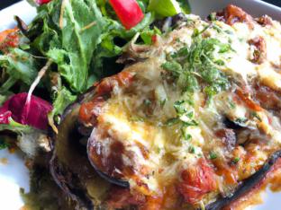 Vegan Baked Eggplant with Sautéed Mushrooms and House Salad