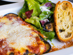 Eggplant Parm with Caesar Salad and French Bread
