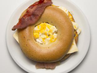 Egg, Cheese, and Bacon on a Gluten Free Plain Bagel Egg, Cheese, and Bacon on a Gluten Free Plain Bagel
