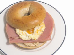 Egg and Ham on a Gluten Free Plain Bagel Egg and Ham on a Gluten Free Plain Bagel