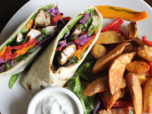 Chicken Fajita Wrap with Chips and a Green Salad Chicken Fajita Wrap with Chips and a Green Salad