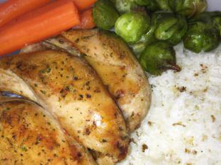 Quarter White with White Rice, Brussels Sprouts and Carrots Quarter White with White Rice, Brussels Sprouts and Carrots