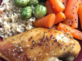 Quarter White with Fried Rice, Brussel Sprouts and Carrots Quarter White with Fried Rice, Brussel Sprouts and Carrots