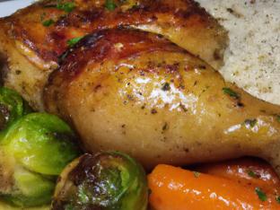 Quarter Dark with White Rice, Brussels Sprouts and Carrots Quarter Dark with White Rice, Brussels Sprouts and Carrots