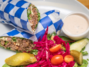 Lamb and Beef Gyro Wrap and Greek Salad Lamb and Beef Gyro Wrap and Greek Salad