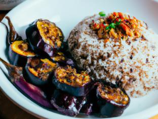 Eggplant in Spicy Garlic Sauce with Vegetable Fried Rice Eggplant in Spicy Garlic Sauce with Vegetable Fried Rice