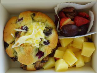 Chocolate Chip Muffin with Butter and Fruit Salad Chocolate Chip Muffin with Butter and Fruit Salad