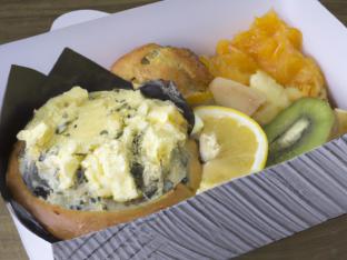 Lemon-poppy Muffin with Butter and Fruit Salad Lemon-poppy Muffin with Butter and Fruit Salad