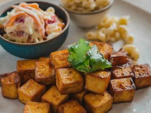 Hawaiian Style BBQ Fried Tofu with Mac Salad + Ginger Slaw Hawaiian Style BBQ Fried Tofu with Mac Salad + Ginger Slaw