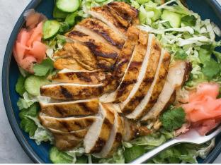 Large Chicken over Salad with Cucumber, Sweet Onion, Cabbage, Cilantro, Pickled Ginger