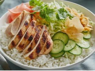 Large Chicken over White Rice with Cucumber, Sweet Onion, Cabbage, Cilantro, Pickled Ginger and Garlic Crisps