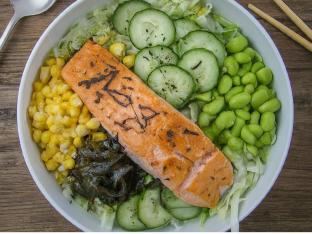 Regular Salmon over Salad with Cucumber, Cabbage, Sweet Corn, Edamame, Seaweed Salad, and Shredded Nori