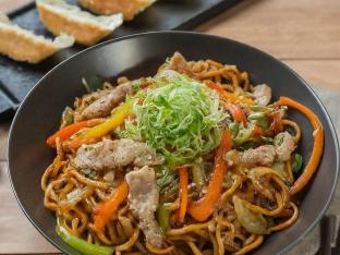 Pork Yakisoba with Vegetable Gyoza