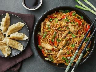 Chicken Yakisoba with Vegetable Gyoza