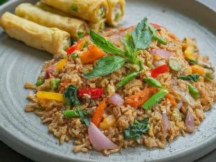 Mixed Veggie Basil Fried Rice with Vegetable Egg Roll