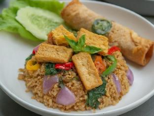 Tofu Basil Fried Rice with Vegetable Egg Roll