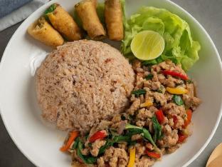 Pork Basil Fried Rice with Vegetable Egg Roll
