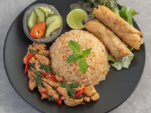 Chicken Basil Fried Rice with Vegetable Egg Roll