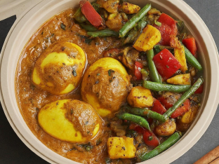 Egg Curry with Rice and Tawa Vegetables Egg Curry with Rice and Tawa Vegetables