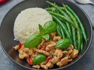 [NO Allium - GF] - Stir Fried Basil Chicken with Rice & Sauteed Green Beans