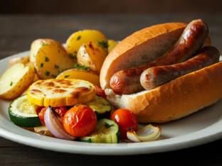 Argentinian Choripan with Homestyle Potatoes and Steamed Veggies [Large]