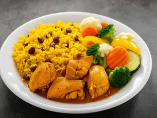 Stewed Chicken with Rice Mixed with Pigeon Peas & Steamed Vegetables