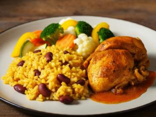 Stewed Chicken with Rice Mixed with Pinto Beans & Steamed Vegetables