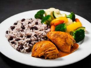 Stewed Chicken with Rice Mixed with Black Beans & Steamed Vegetables