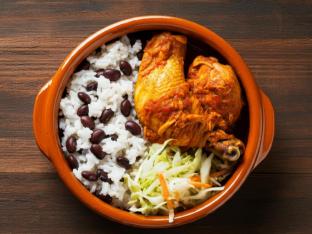 Stewed Chicken with White Rice Mixed with Black Beans and Cabbage