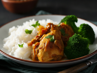 Stewed Chicken with White Rice and Steamed Broccoli