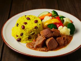 Stewed Pork with Rice Mixed with Pigeon Peas & Steamed Vegetables