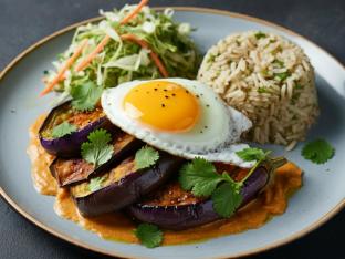 Roasted Eggplant in Coconut Sauce with Egg, Cilantro-Lime Rice and Cabbage