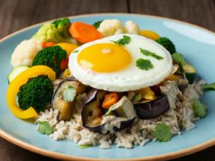 Roasted Eggplant in Coconut Sauce w/ Egg, Cilantro-Lime Rice, Steamed Vegetables