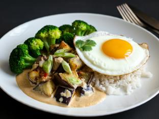 Roasted Eggplant in Coconut Sauce, Egg, Cilantro-Lime Rice & Steamed Broccoli