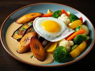 Eggplant in Coconut Sauce w/ Egg, Sweet Plantains & Steamed Seasonal Vegetables
