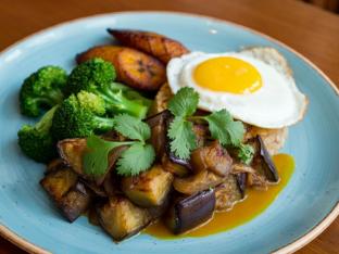 Roasted Eggplant in Coconut Sauce with Egg, Sweet Plantains & Steamed Broccoli