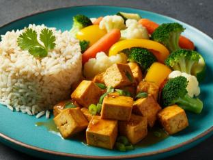 Tropical Mango Tofu with Cilantro-Lime Rice and Steamed Seasonal Vegetables