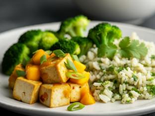 Tropical Mango Tofu with Cilantro-Lime Rice and Steamed Broccoli