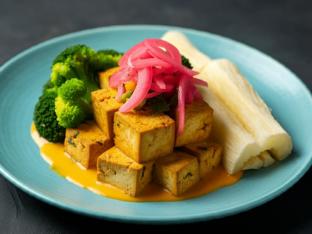 Tropical Mango Tofu with Yuca with Pickled Red Onions and Steamed Broccoli