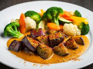 Light Carb Vegan Eggplant in Coconut Sauce, Steamed Broccoli, Steamed Vegetables