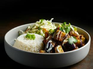 Vegan Roasted Eggplant in Coconut Sauce with Cilantro-Lime Rice and Cabbage