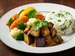 Vegan Roasted Eggplant in Coconut Sauce, Cilantro-Lime Rice, Steamedl Vegetables
