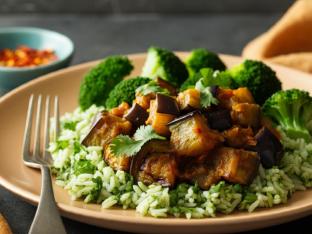 Vegan Roasted Eggplant in Coconut Sauce, Cilantro-Lime Rice & Steamed Broccoli