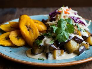 Vegan Roasted Eggplant in Coconut Sauce with Sweet Plantains and Cabbage