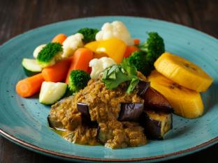 Vegan Roasted Eggplant in Coconut Sauce, Sweet Plantains, Steamed Vegetables