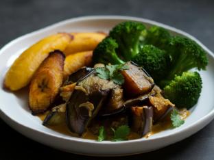 Vegan Roasted Eggplant in Coconut Sauce, Sweet Plantains & Steamed Broccoli