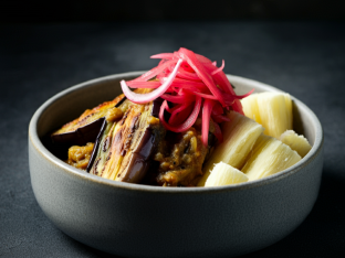 Vegan Roasted Eggplant in Coconut Sauce, Yuca with Pickled Onions & Cabbage